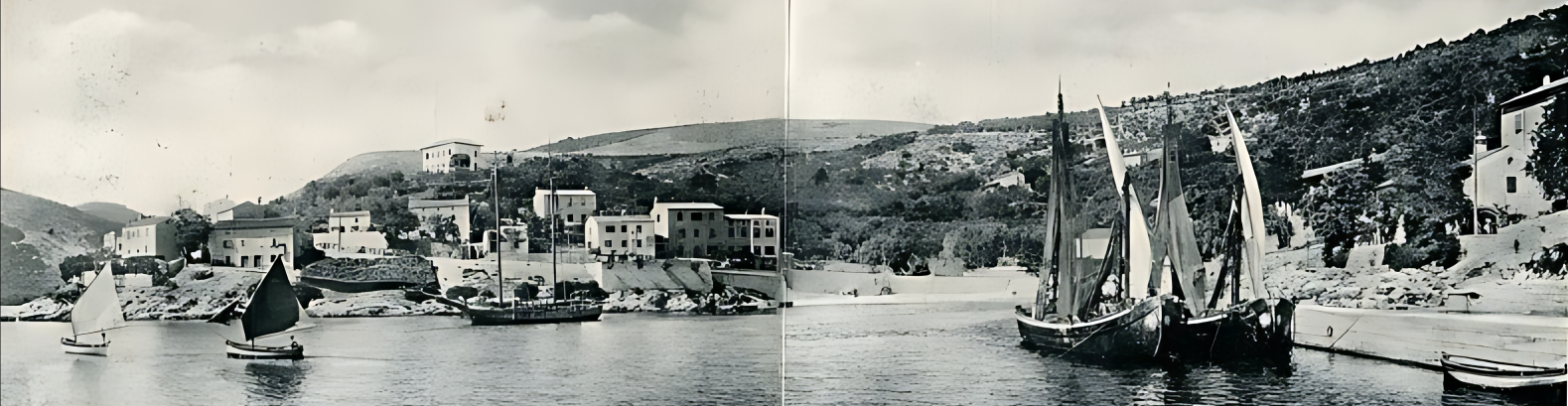 Historic postcard of Rabac harbour with sailing boats along the waterfront